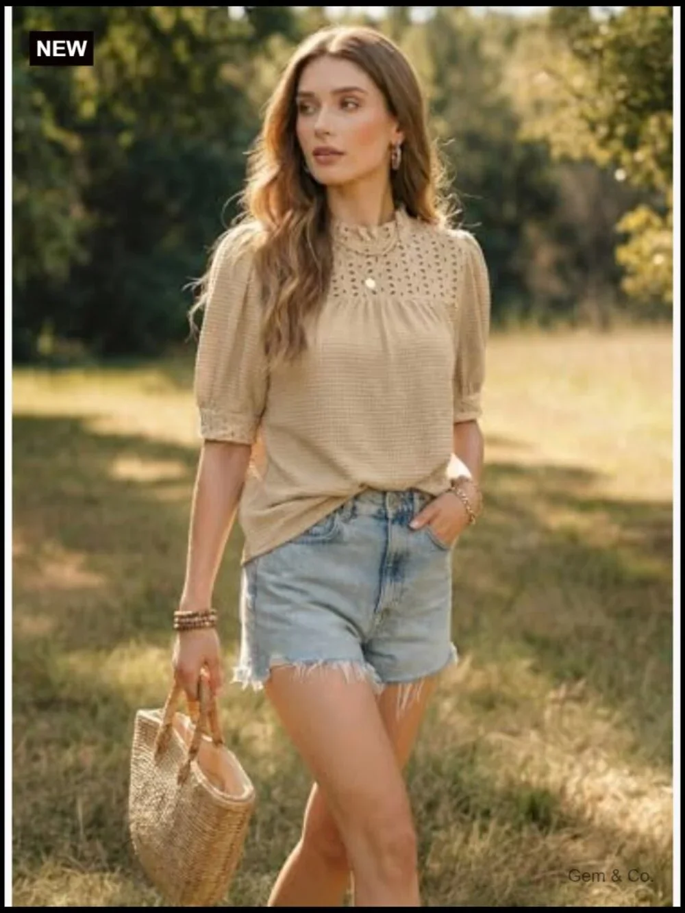 Waffle Knit Frill Trim Mock Neck Puff Sleeve Blouse Top - Picture 3 of 7